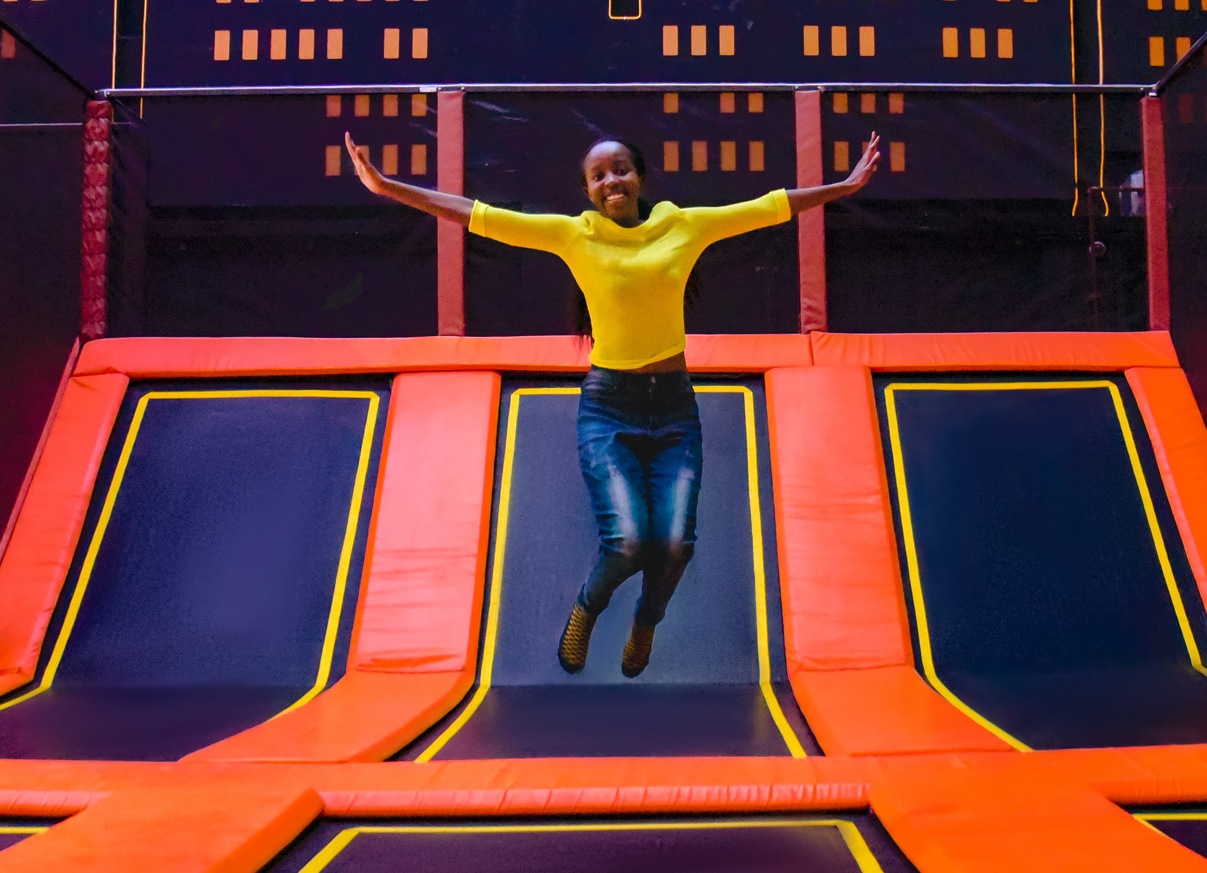 High-flying trampoline fun at The Hub Park, Nairobi's best indoor trampoline park and family amusement center.